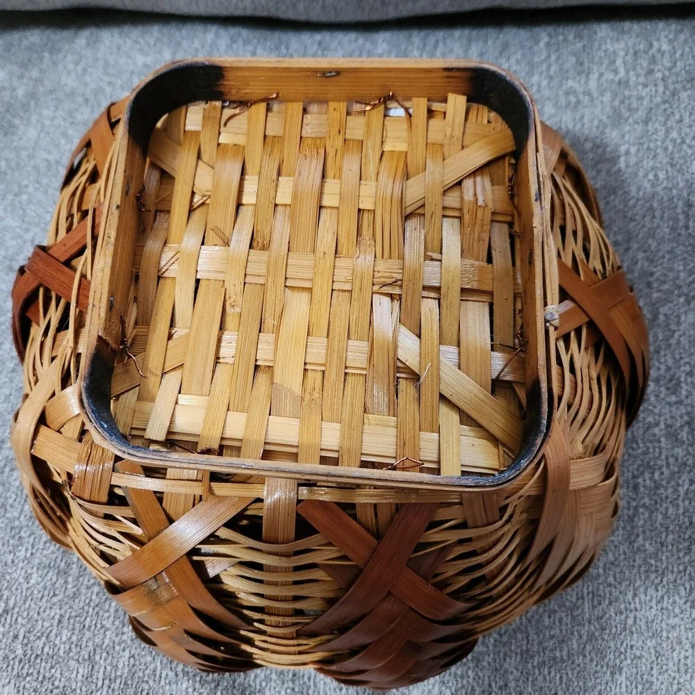 Vintage Woven Bamboo Basket | Doubled Walled Chevron Basket